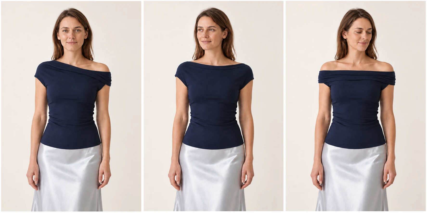 Midnight Navy multi-wear top styled asymmetrically with one shoulder exposed.